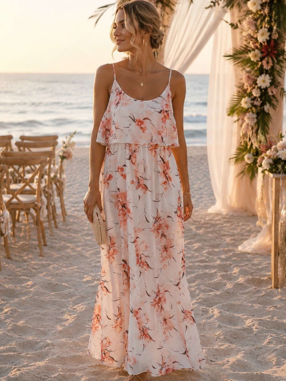 LEITH Nordstrom | Romantic Floral Chiffon Maxi Dress S Peach Ivory